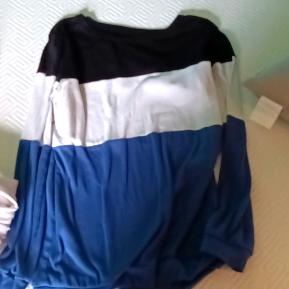 Blue white and black long sleeve shirt